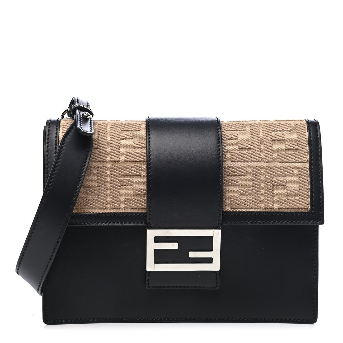 Canvas Vitello King FF Embroidered Medium Flat Baguette Sand Black