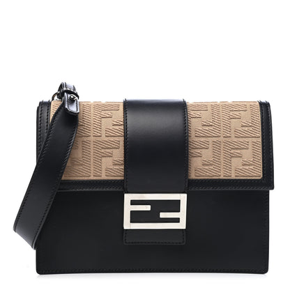 Fendi Canvas Vitello King FF Embroidered Medium Flat Baguette Sand Black 1 of 9