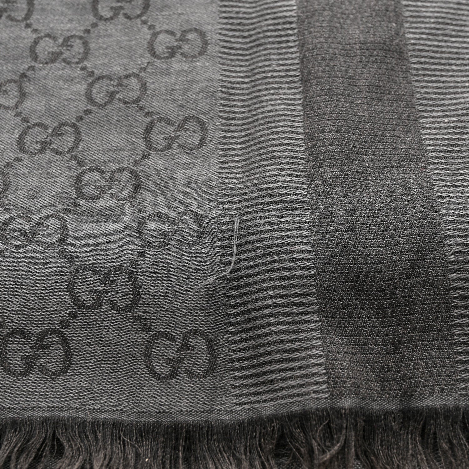 Gucci Wool Silk GG Monogram Fringe Scarf Shawl Grey 5 of 5