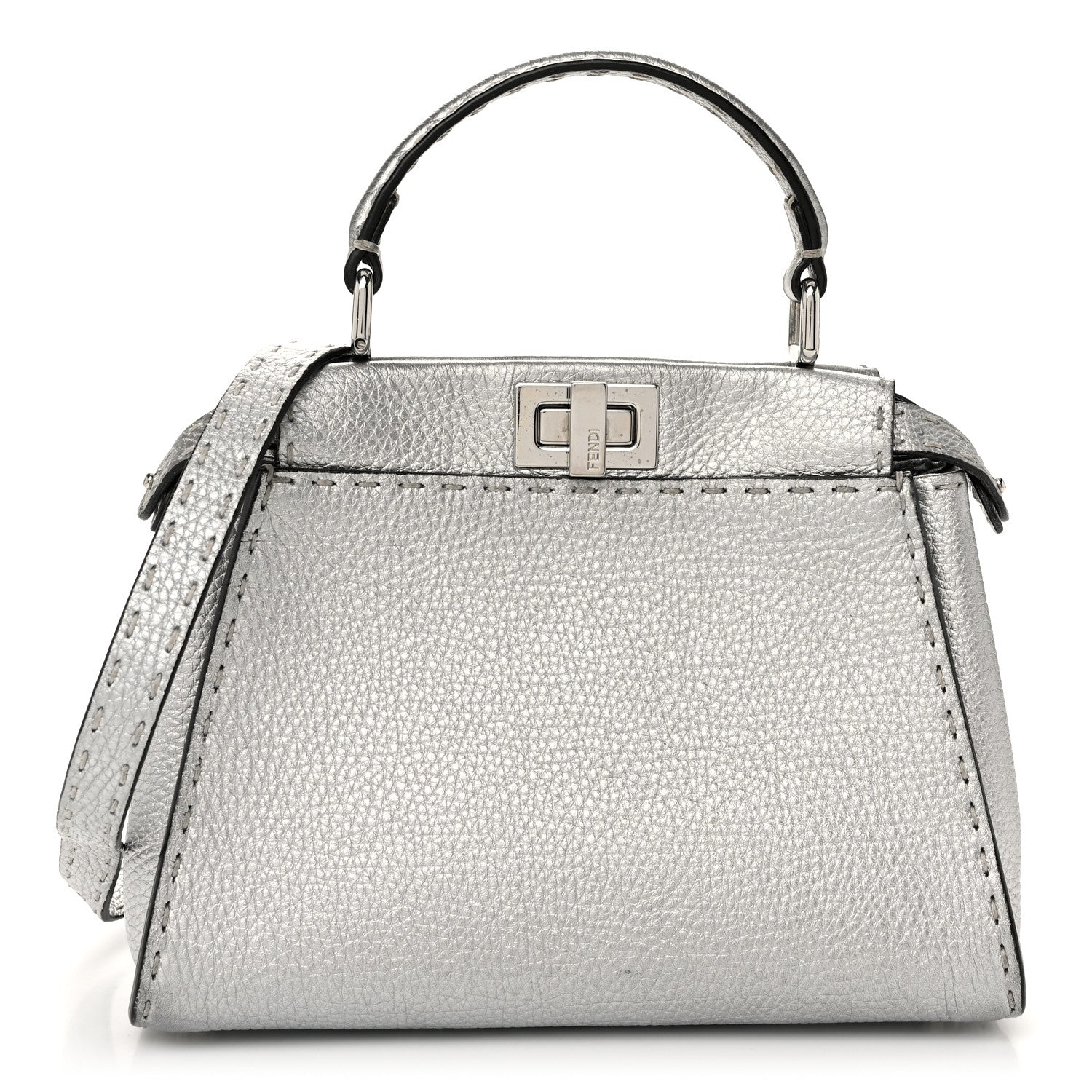 Fendi Cuoio Romano Lux Selleria Mini Peekaboo Iconic Satchel Argento 1 of 9