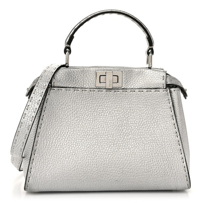 Fendi Cuoio Romano Lux Selleria Mini Peekaboo Iconic Satchel Argento 1 of 9