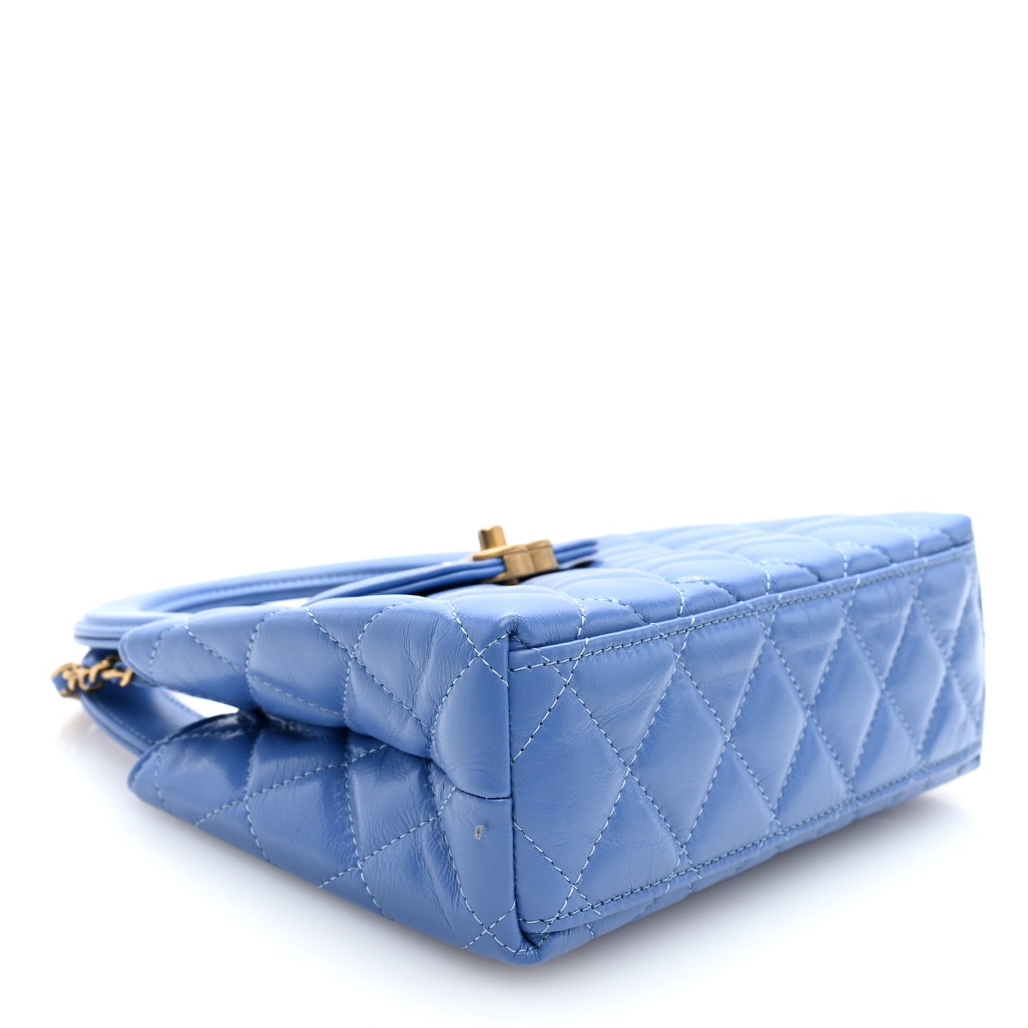 Shiny Aged Calfskin Quilted Nano Kelly Shopper Blue