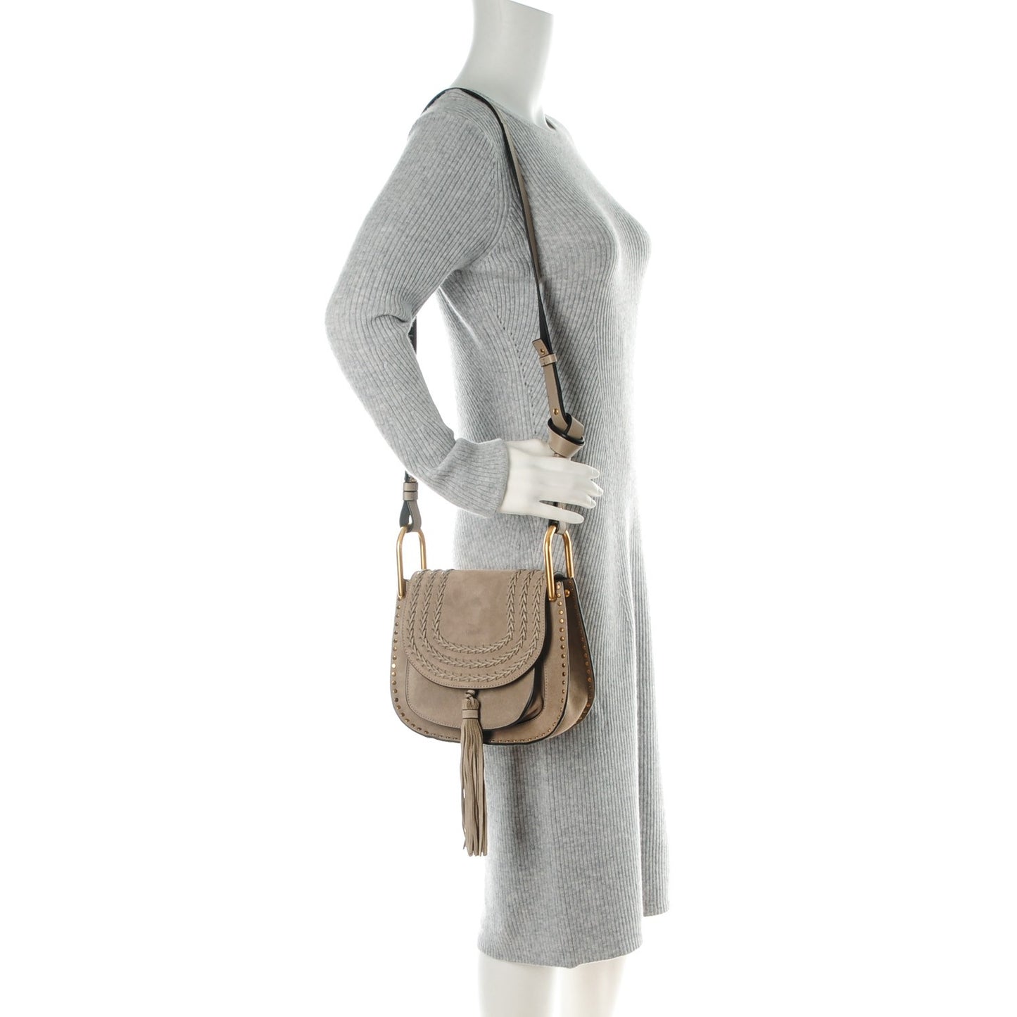 Suede Calfskin Braided Small Hudson Shoulder Bag Motty Grey