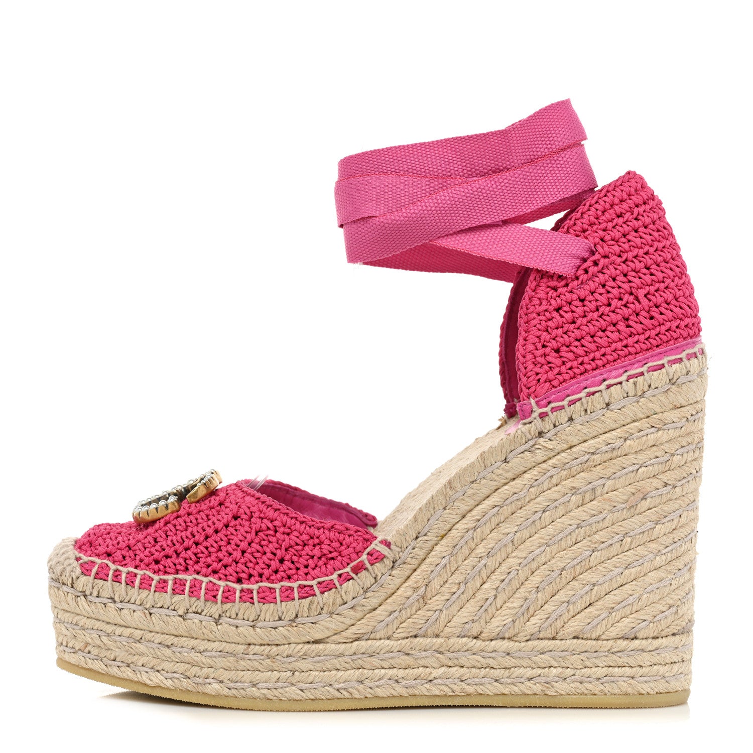 Gucci Cotton Crochet Pearly GG Ankle Wrap Platform Espadrille Wedges 37 Cyclamen Rose 1 of 9