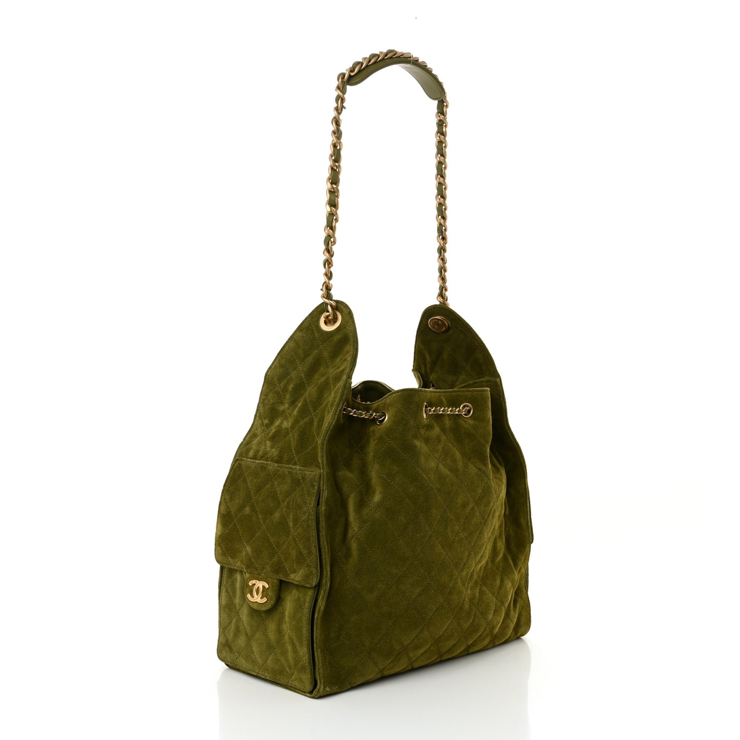 Suede Quilted Medium Chanel 25 Handbag Khaki