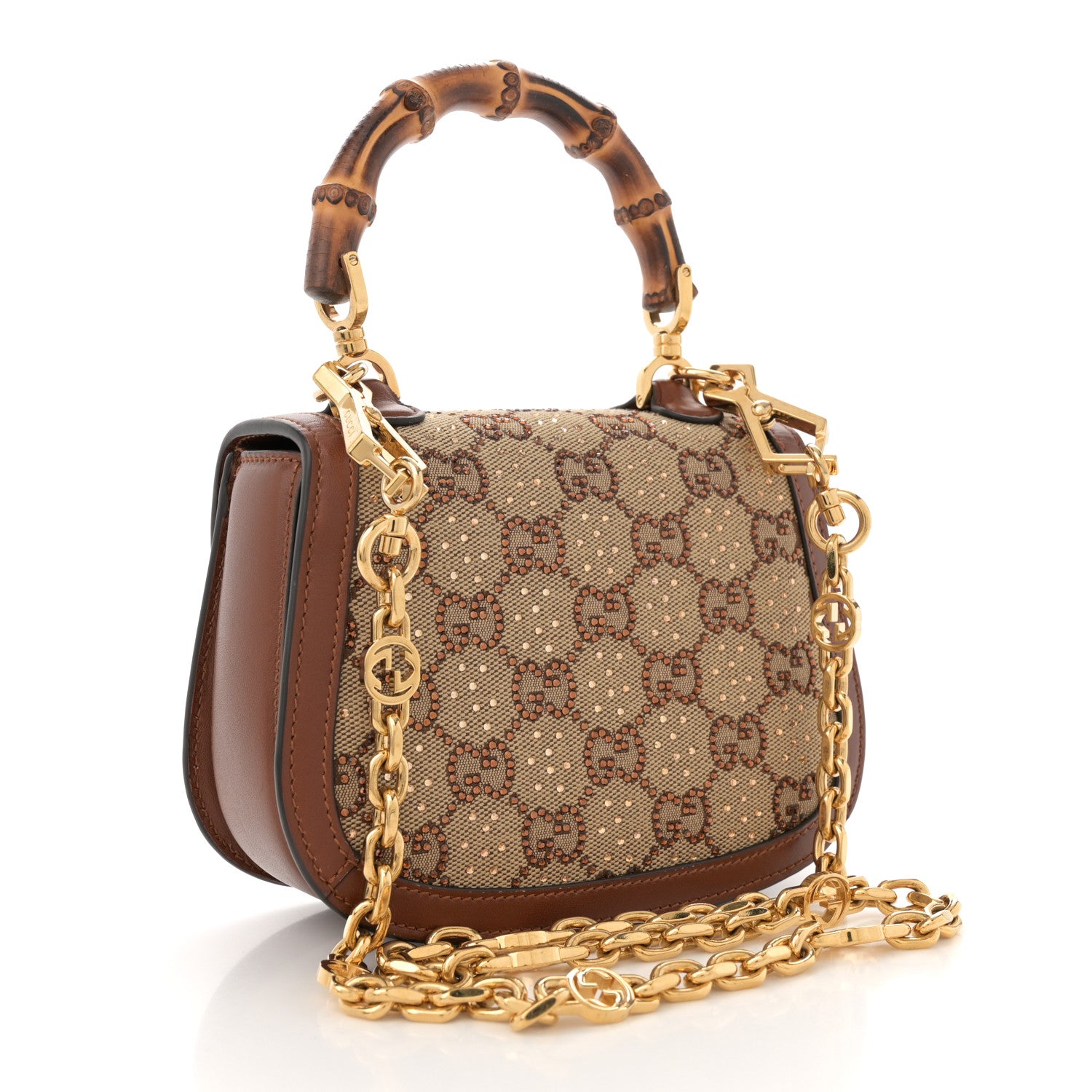 Gucci New Canvas Charisma Calfskin Crystal GG Monogram Small Bamboo 1947 Top Handle Bag Camel Ebony 3 of 10