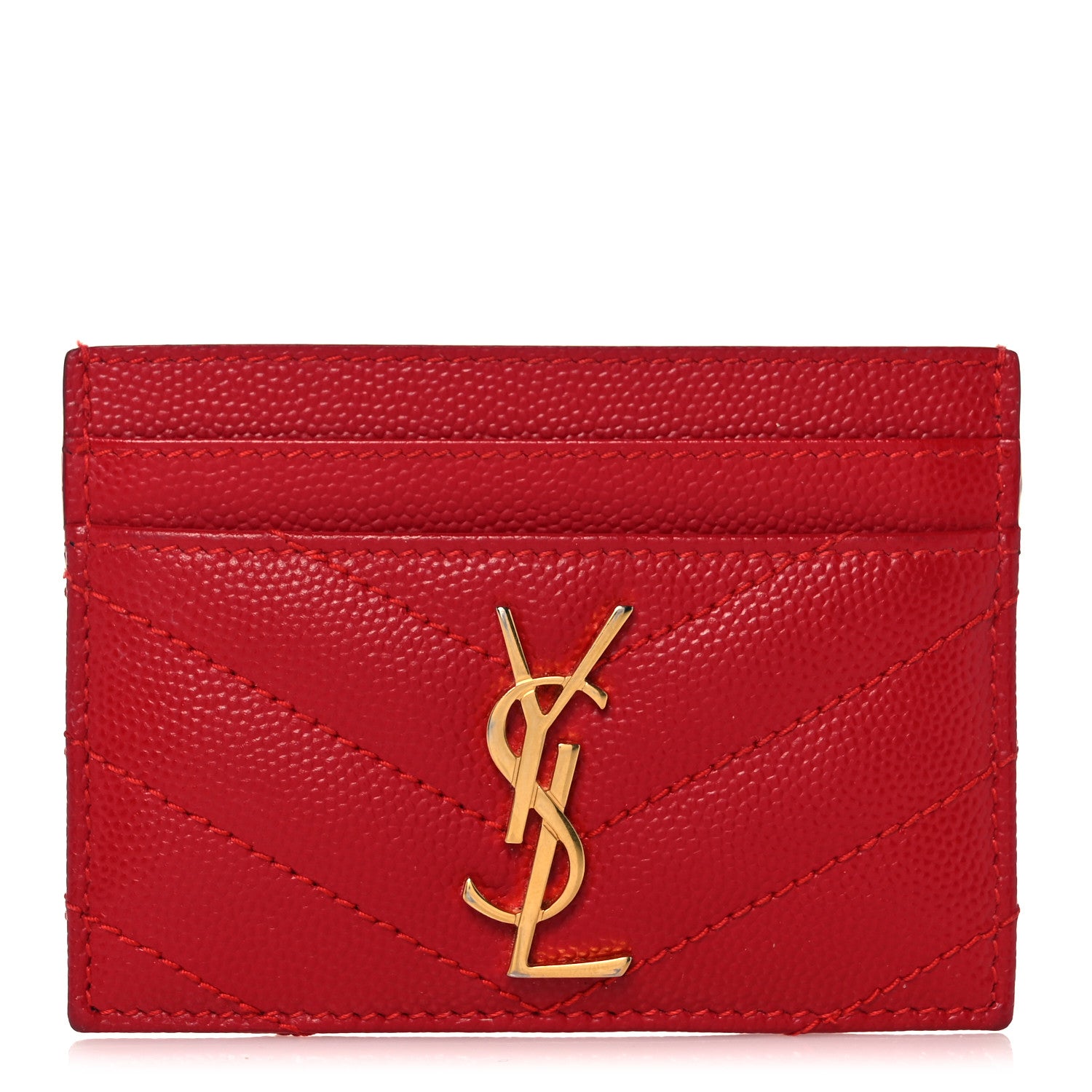 Saint Laurent Grain De Poudre Matelasse Chevron Monogram Credit Card Case Red 1 of 8