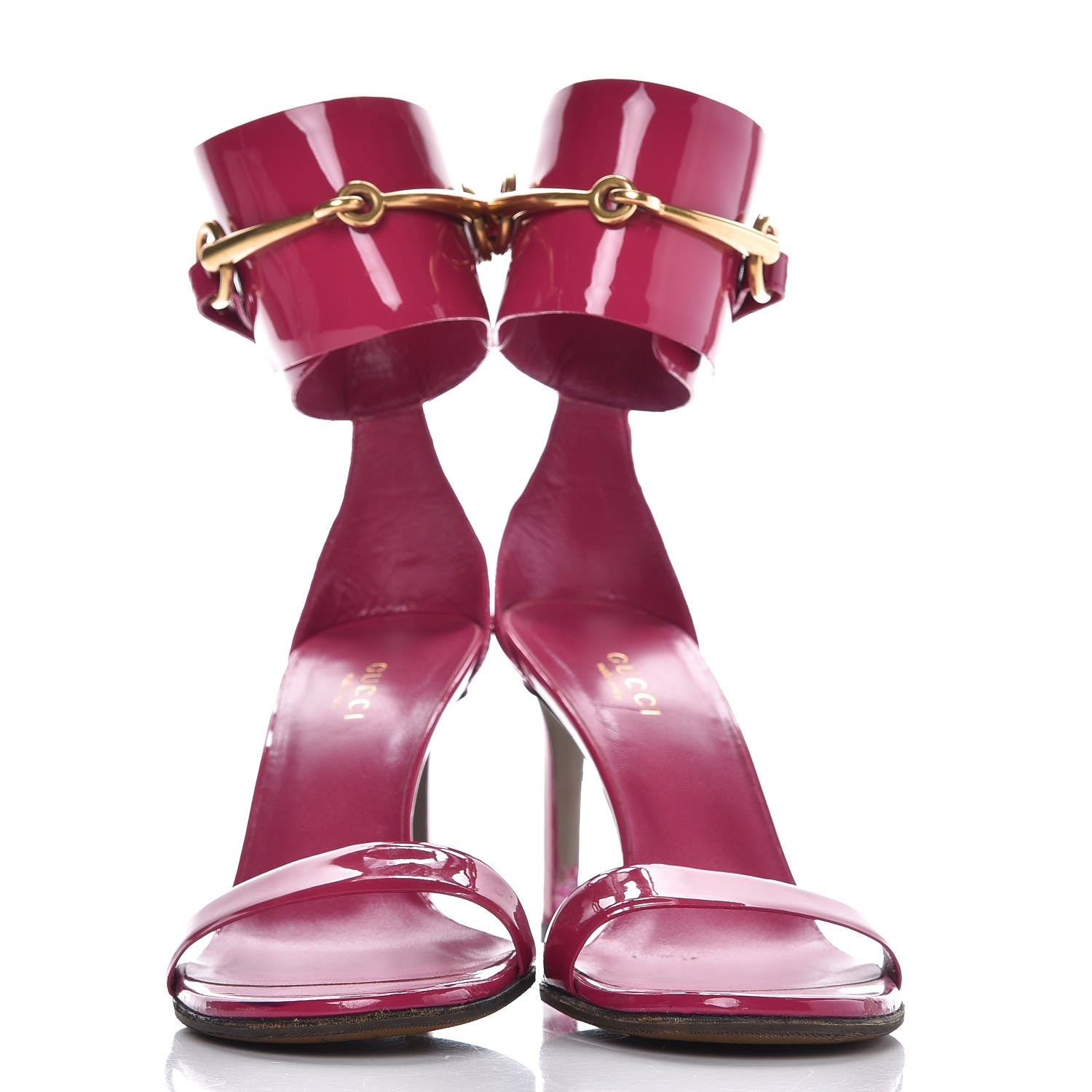 Gucci Patent Bright Bit Ankle Sandals 37.5 Shocking Pink 2 of 10