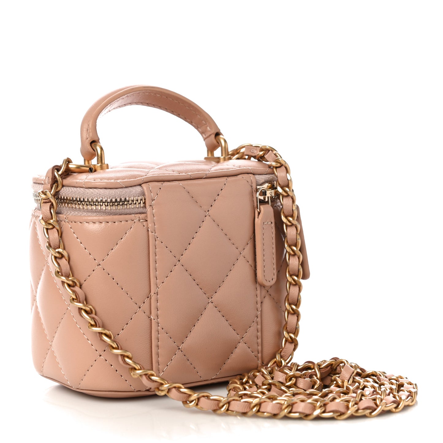 Lambskin Quilted Top Handle Mini Vanity Case With Chain Beige