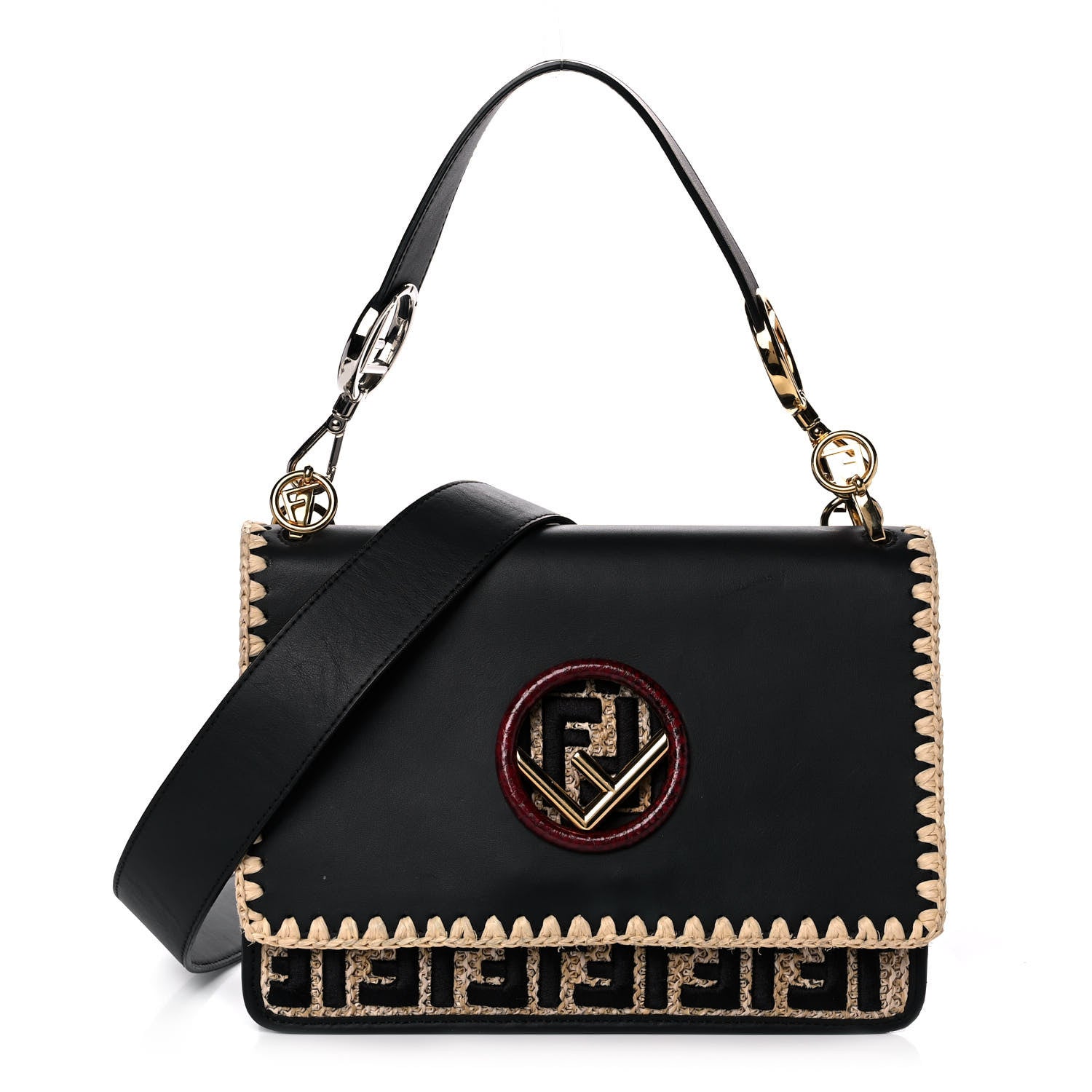 Fendi Vitello Century Raffia Snakeskin F is Fendi FF Woven Embroidered Kan I Shoulder Bag Black Natural 1 of 15