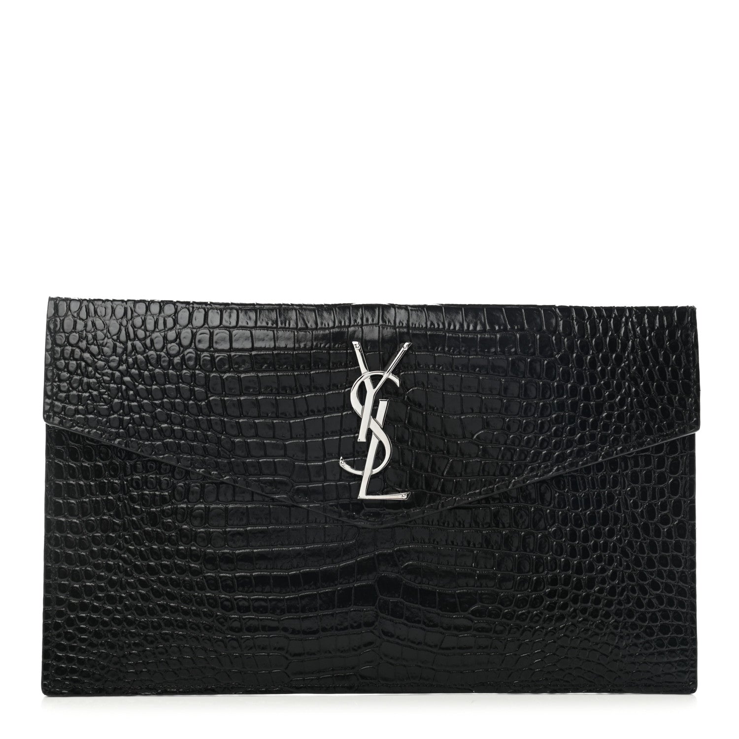 Saint Laurent Calfskin Crocodile Embossed Uptown Monogram Pouch Black 1 of 8