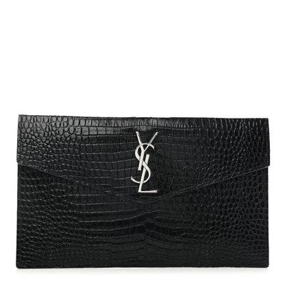 Saint Laurent Calfskin Crocodile Embossed Uptown Monogram Pouch Black 1 of 8