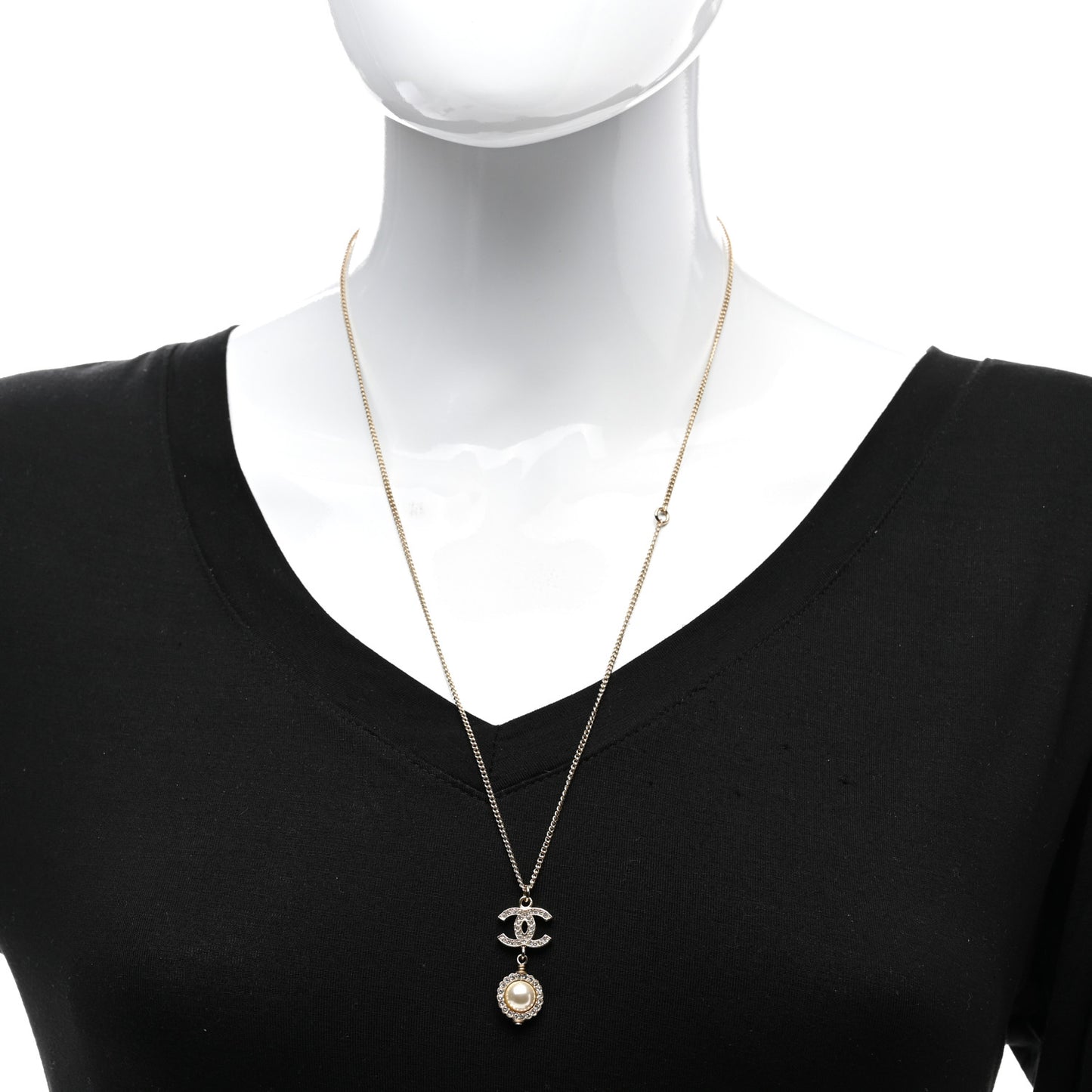 Pearl Crystal CC Pendant Necklace Gold