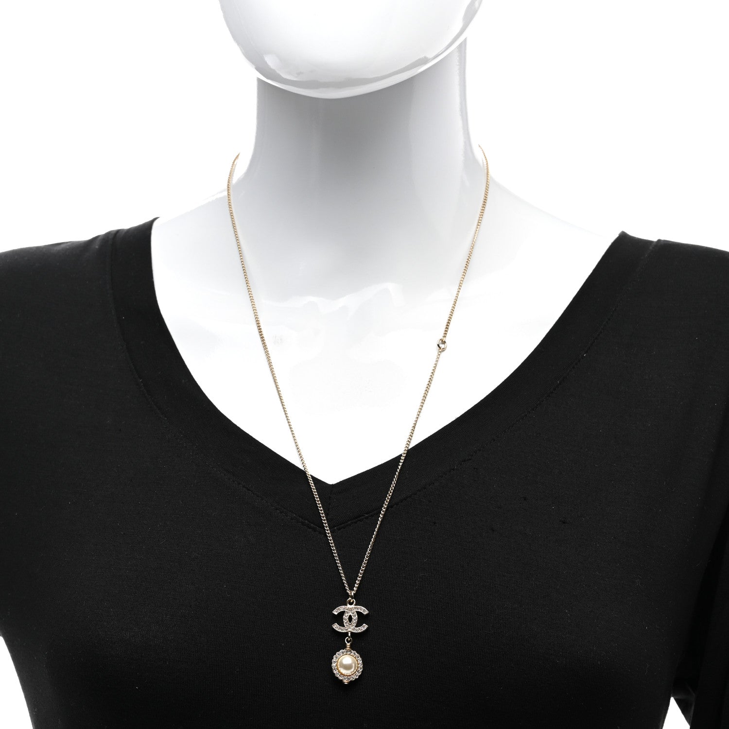 Chanel Pearl Crystal CC Pendant Necklace Gold 2 of 6