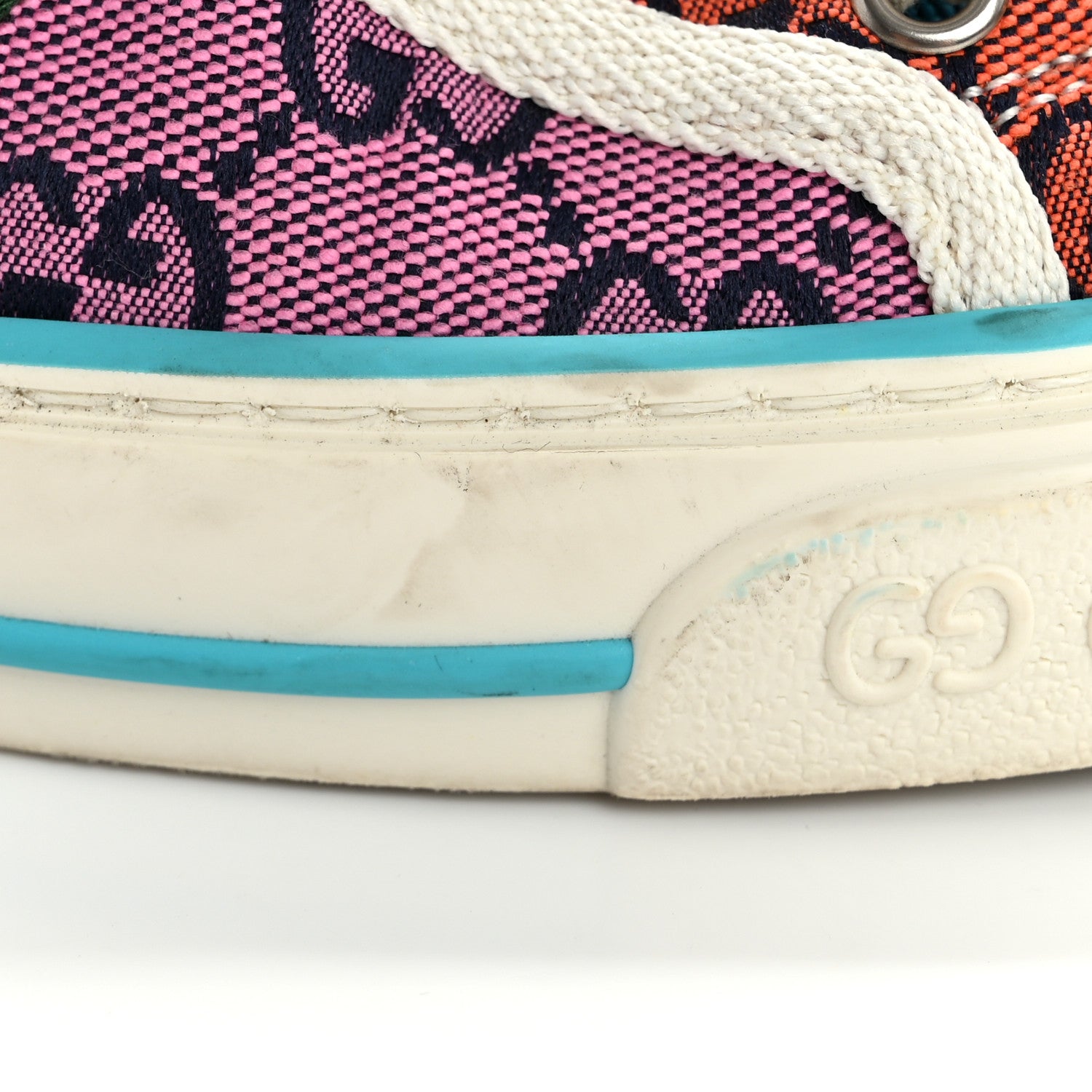 Gucci Monogram Multicolor Web Womens 1977 Tennis High Top Sneakers 36.5 Light Blue Mystic White Tangerine Pink Yellow Green Red 12 of 12