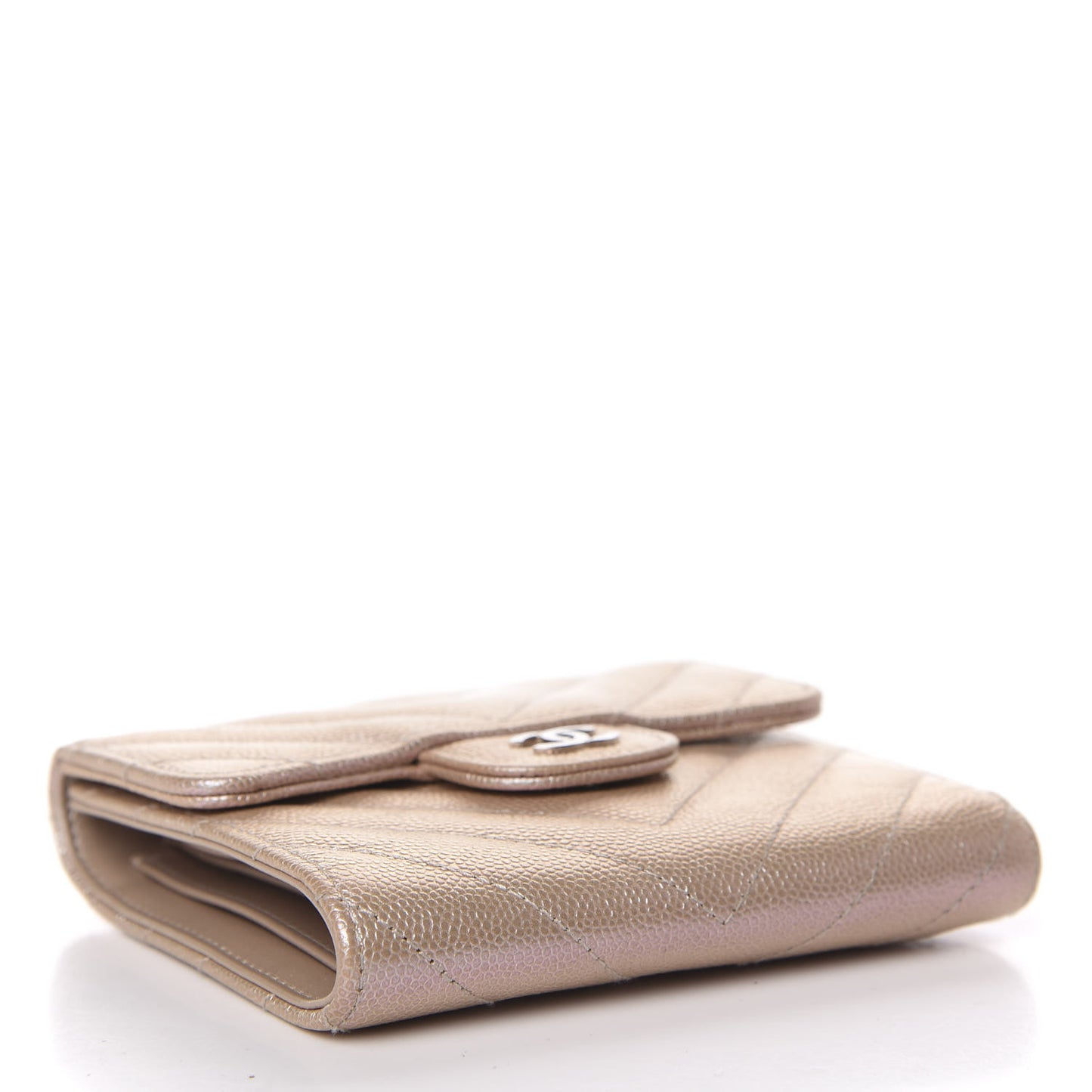 Metallic Caviar Chevron Quilted Compact Flap Wallet Light Gold