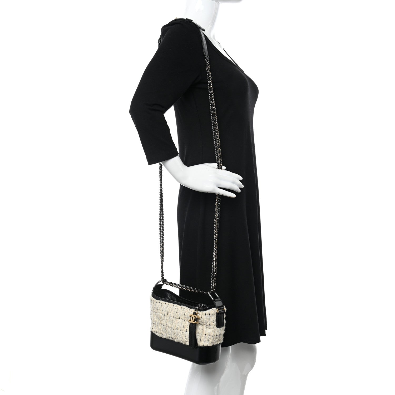 Chanel Tweed Calfskin Quilted Small Gabrielle Hobo Ivory Black 3 of 11