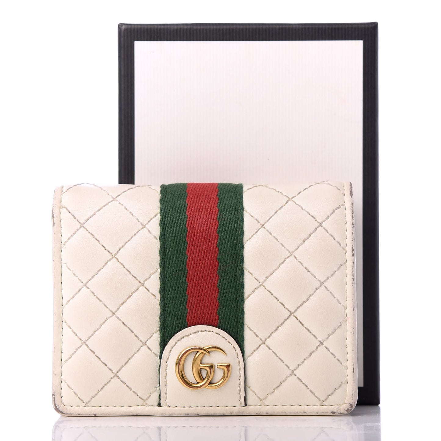 Calfskin Web Trapuntata GG Card Case Wallet Off White