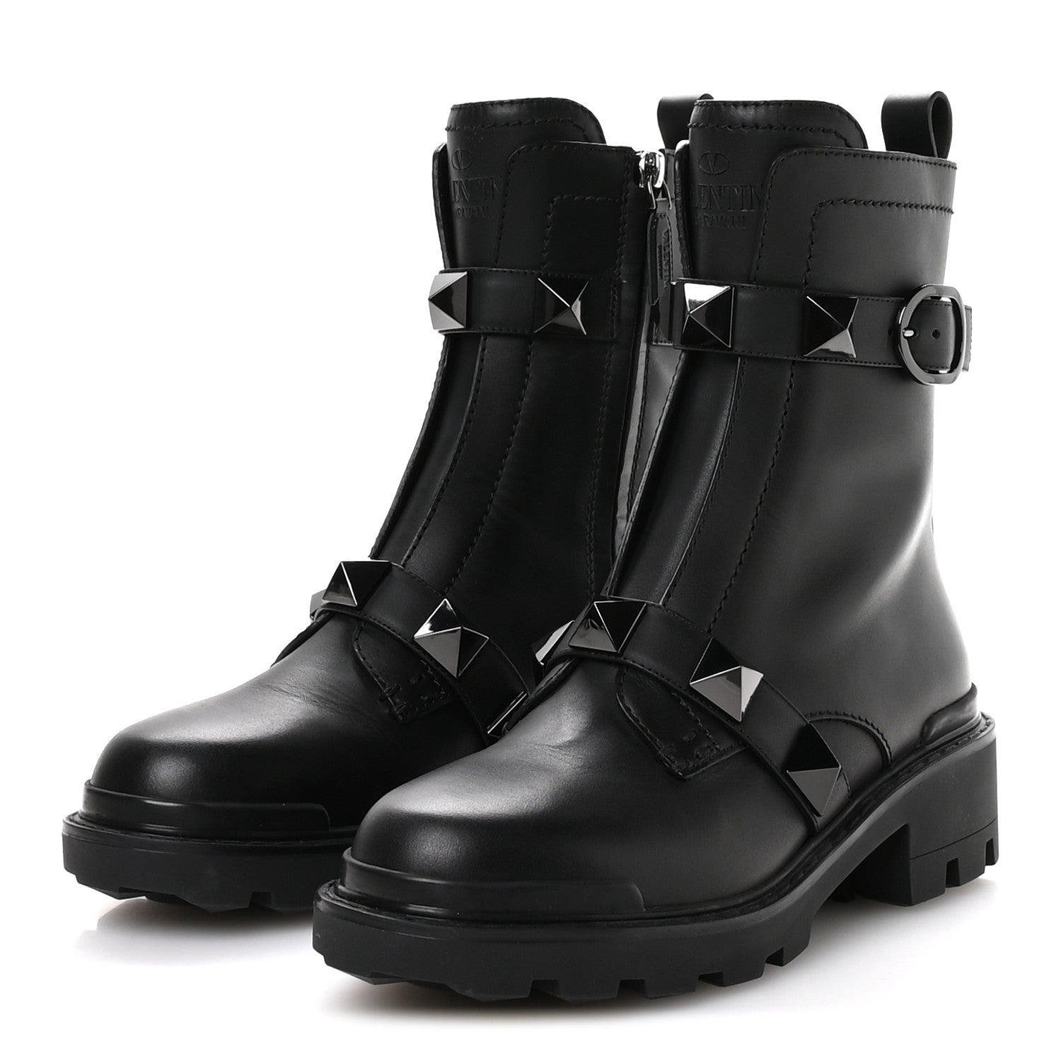 Valentino Garavani Calfskin Tonal Roman Stud Combat Boots 36 Black 4 of 9