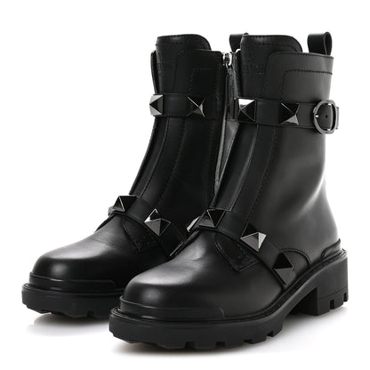 Valentino Garavani Calfskin Tonal Roman Stud Combat Boots 36 Black 4 of 9
