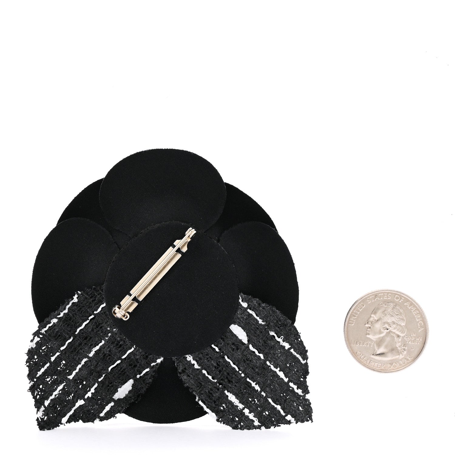 Chanel Tweed Fabric Camellia Pin Brooch Black 2 of 3