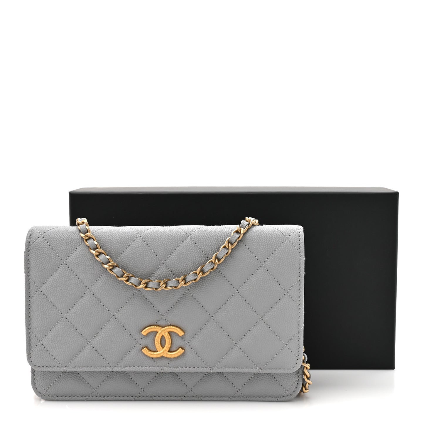 Caviar Quilted Textured CC Wallet On Chain WOC Grey