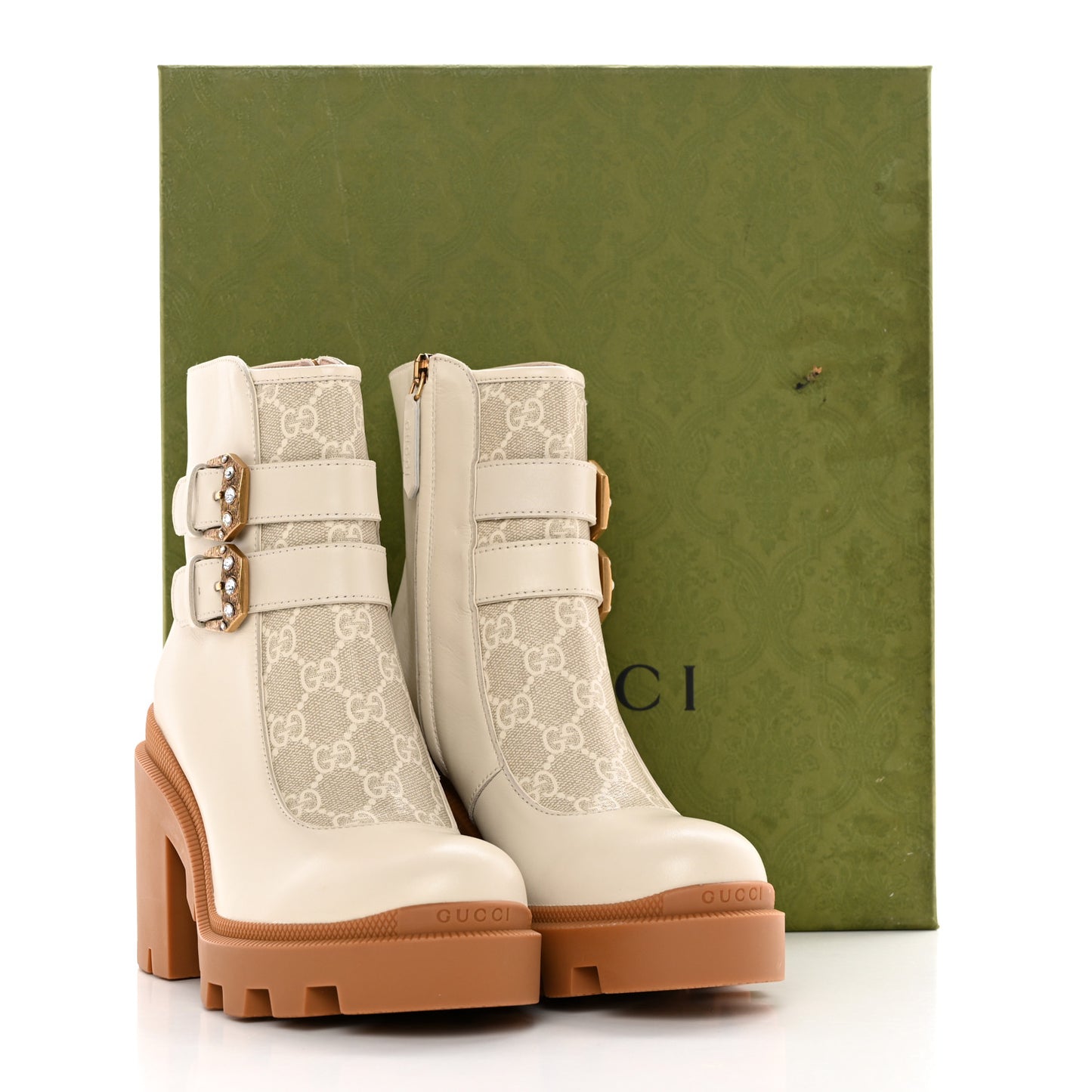 Kensington Calfskin Nappa GG Supreme Monogram Womens Double Buckle Ankle Boots 36.5 Mystic White Beige