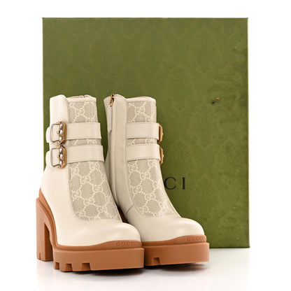 Gucci Kensington Calfskin Nappa GG Supreme Monogram Womens Double Buckle Ankle Boots 36.5 Mystic White Beige 11 of 11