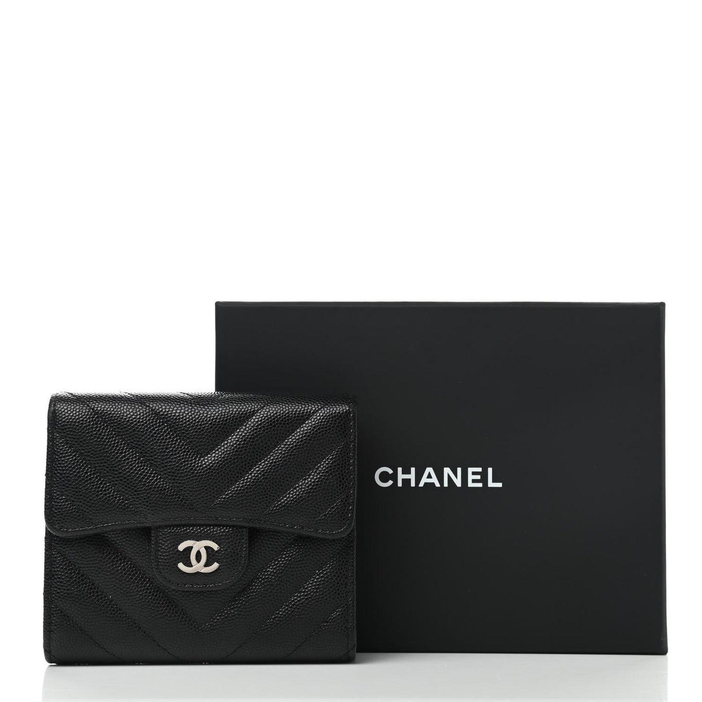 Caviar Chevron Quilted Compact Flap Wallet Black