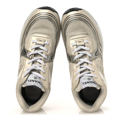 Chanel Fabric Laminated Calfskin Stretch CC Sneakers 39.5 Ivory White Silver 2 of 15
