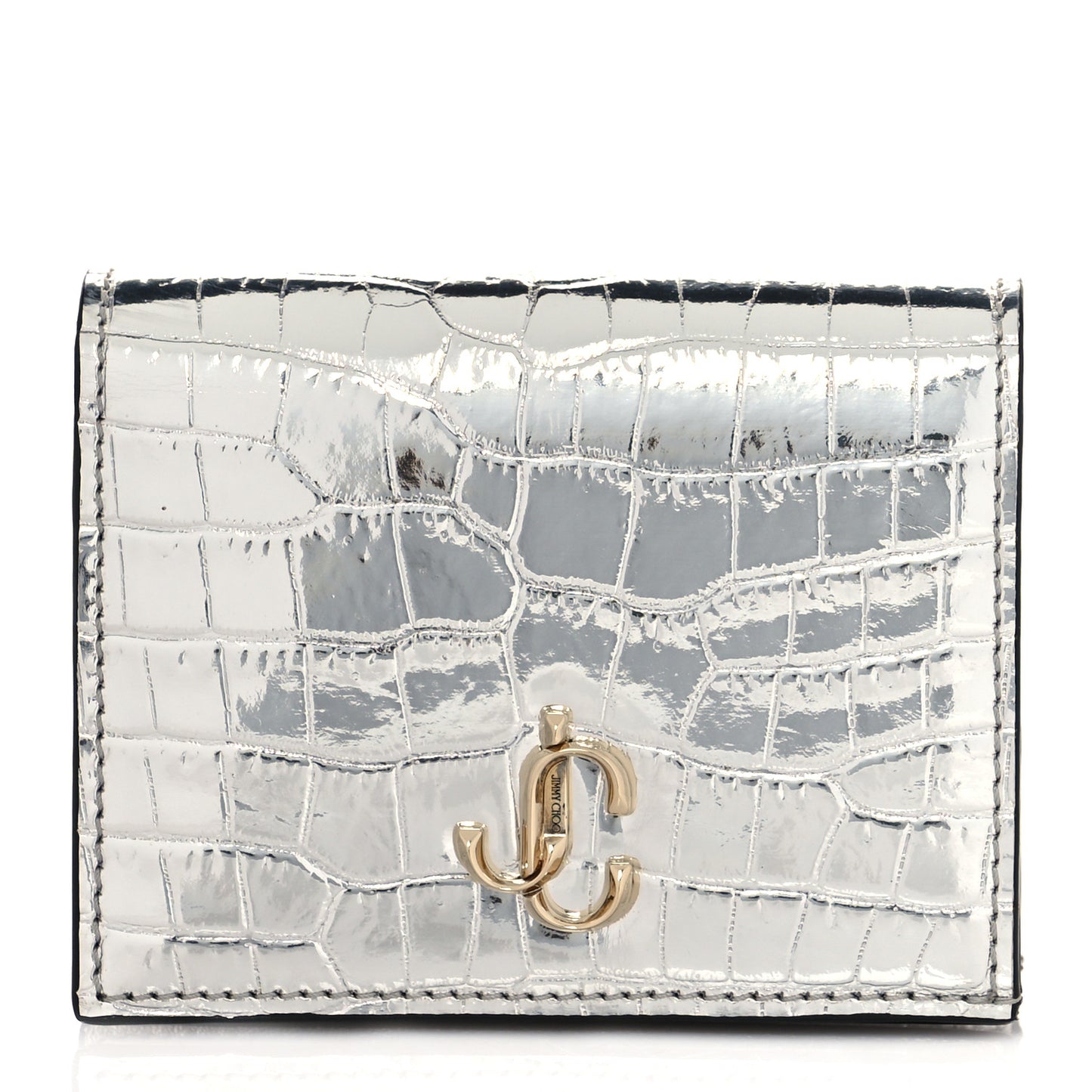Metallic Calfskin Crocodile Embossed Hanne Wallet Silver