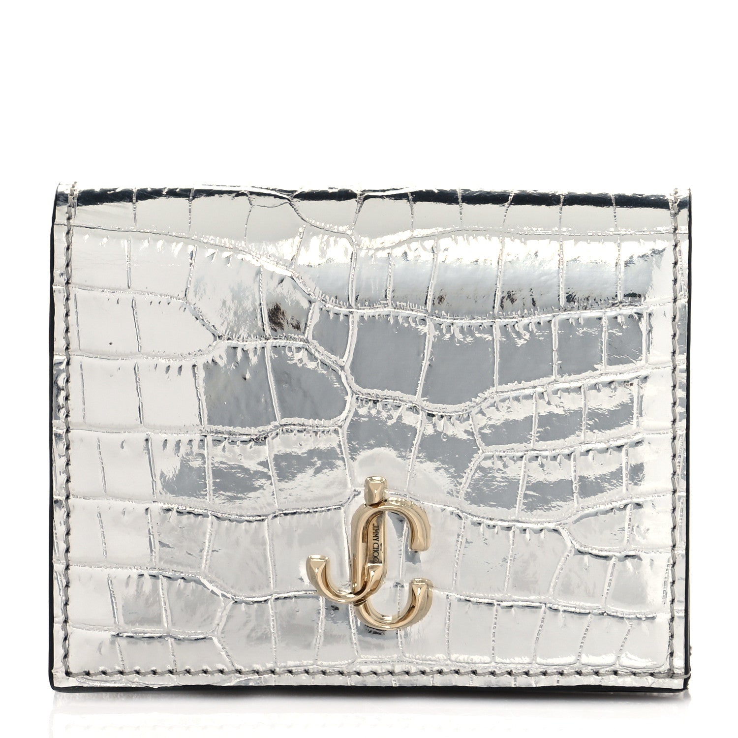 Jimmy Choo Metallic Calfskin Crocodile Embossed Hanne Wallet Silver 1 of 8