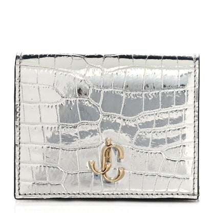 Jimmy Choo Metallic Calfskin Crocodile Embossed Hanne Wallet Silver 1 of 8