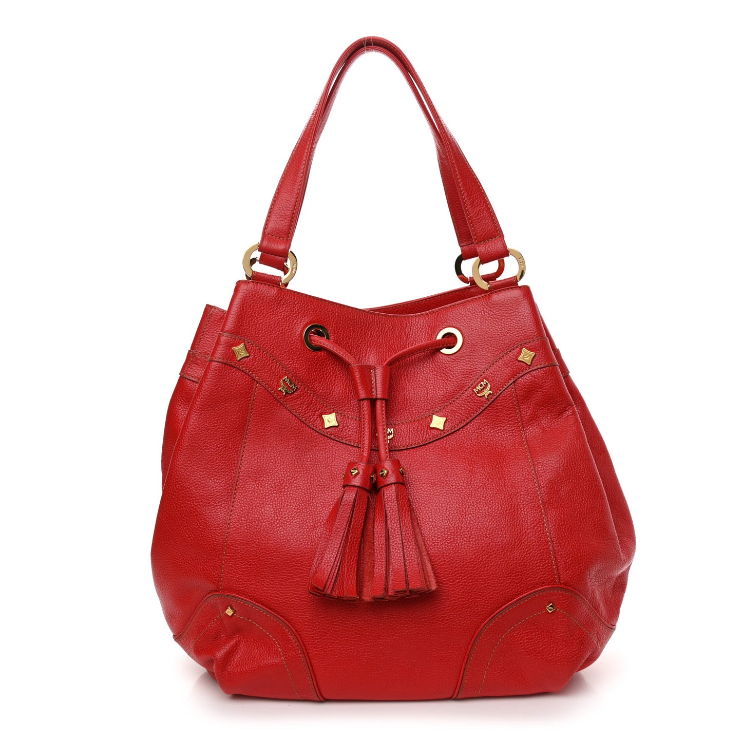 Grained Calfskin Studded Drawstring Bucket Bag Red