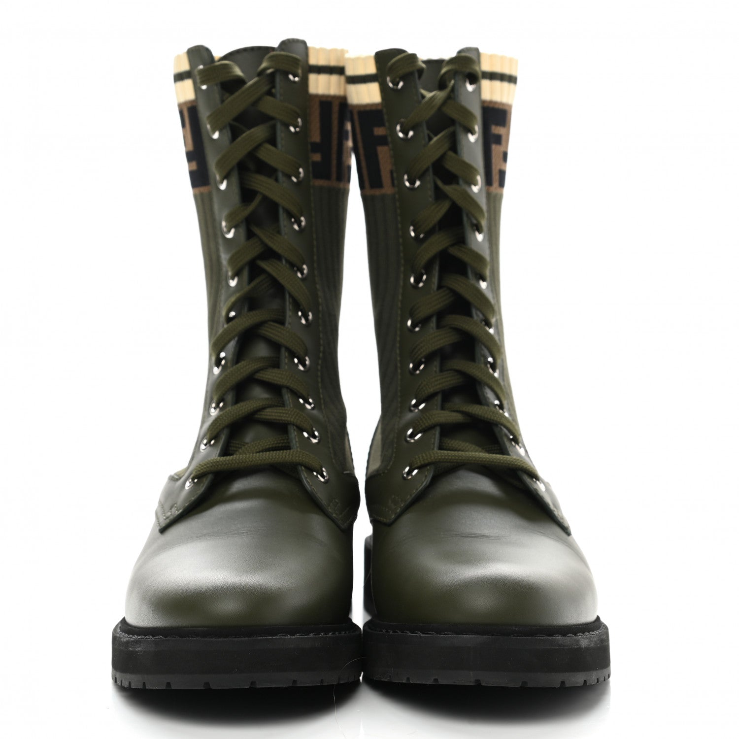 Fendi Vitello Stretch Fabric FF Rockoko Biker Boots 39 Military Oliva Tobacco Black 2 of 8