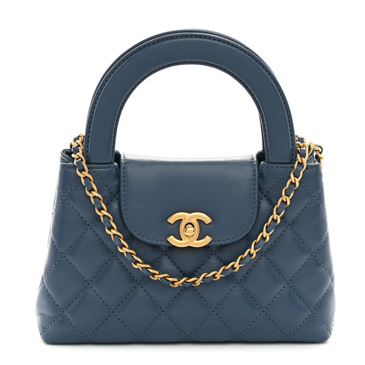 Shiny Aged Calfskin Quilted Nano Kelly Shopper Dark Blue