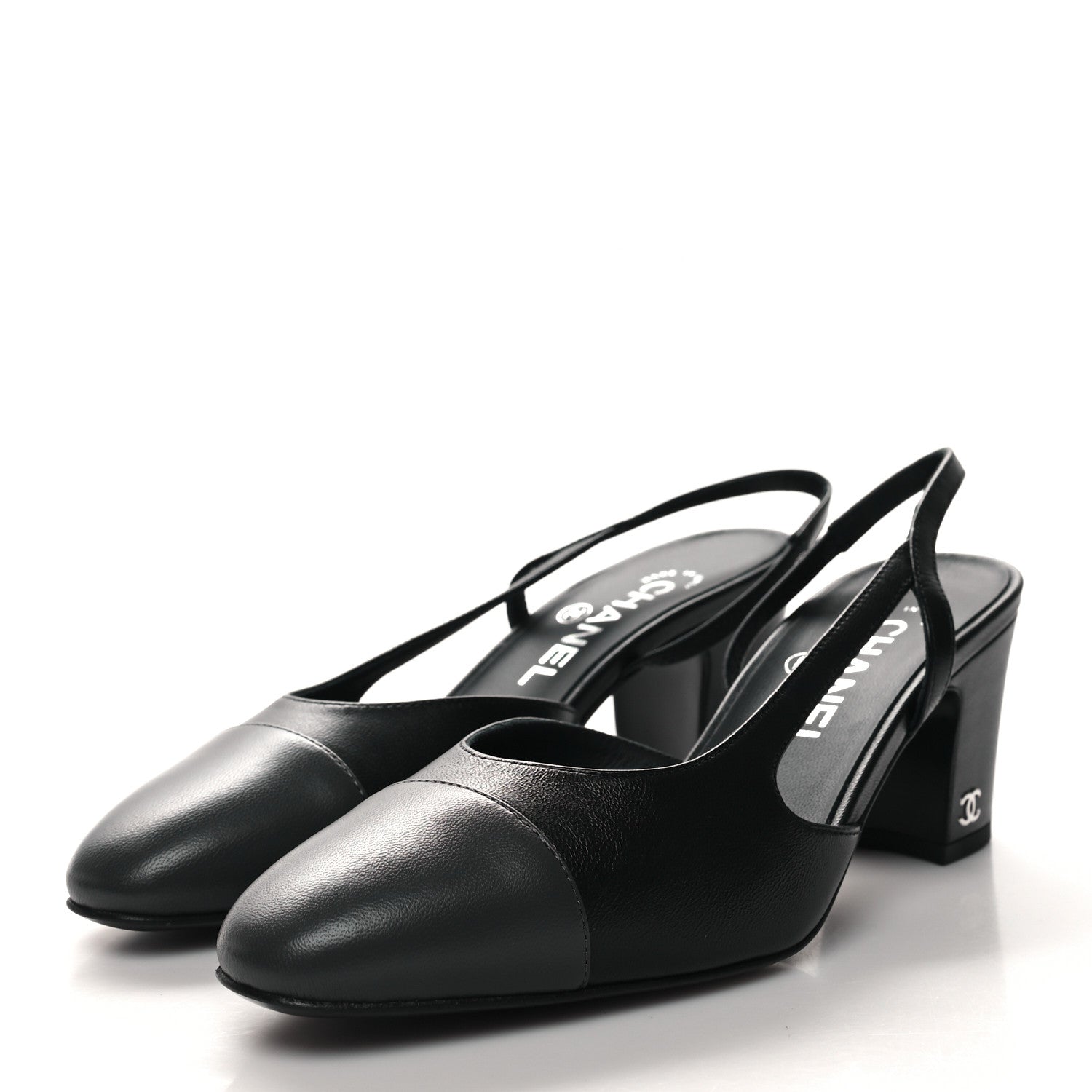Chanel Lambskin Cap Toe CC Slingback Sandals 37 Black Dark Grey 3 of 9