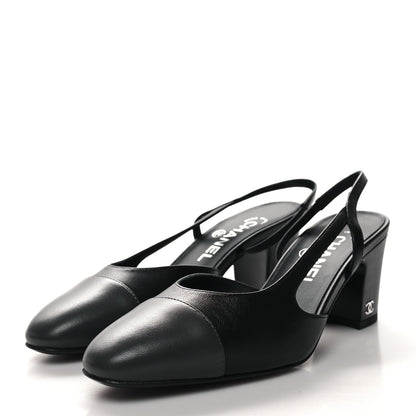 Chanel Lambskin Cap Toe CC Slingback Sandals 37 Black Dark Grey 3 of 9