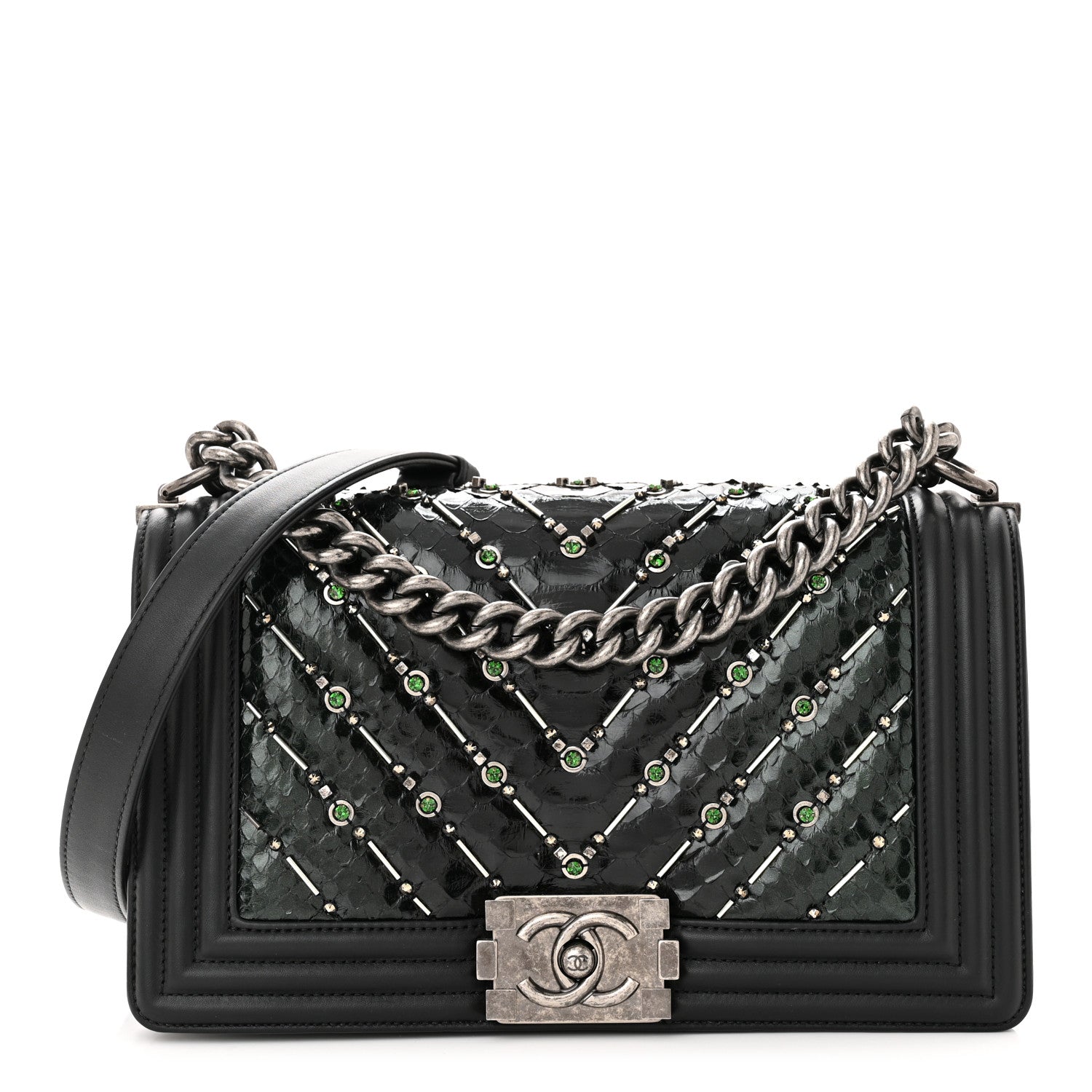 Chanel Lambskin Embroidered Snakeskin Chevron Medium Boy Flap Black Green 1 of 12