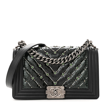 Chanel Lambskin Embroidered Snakeskin Chevron Medium Boy Flap Black Green 1 of 12