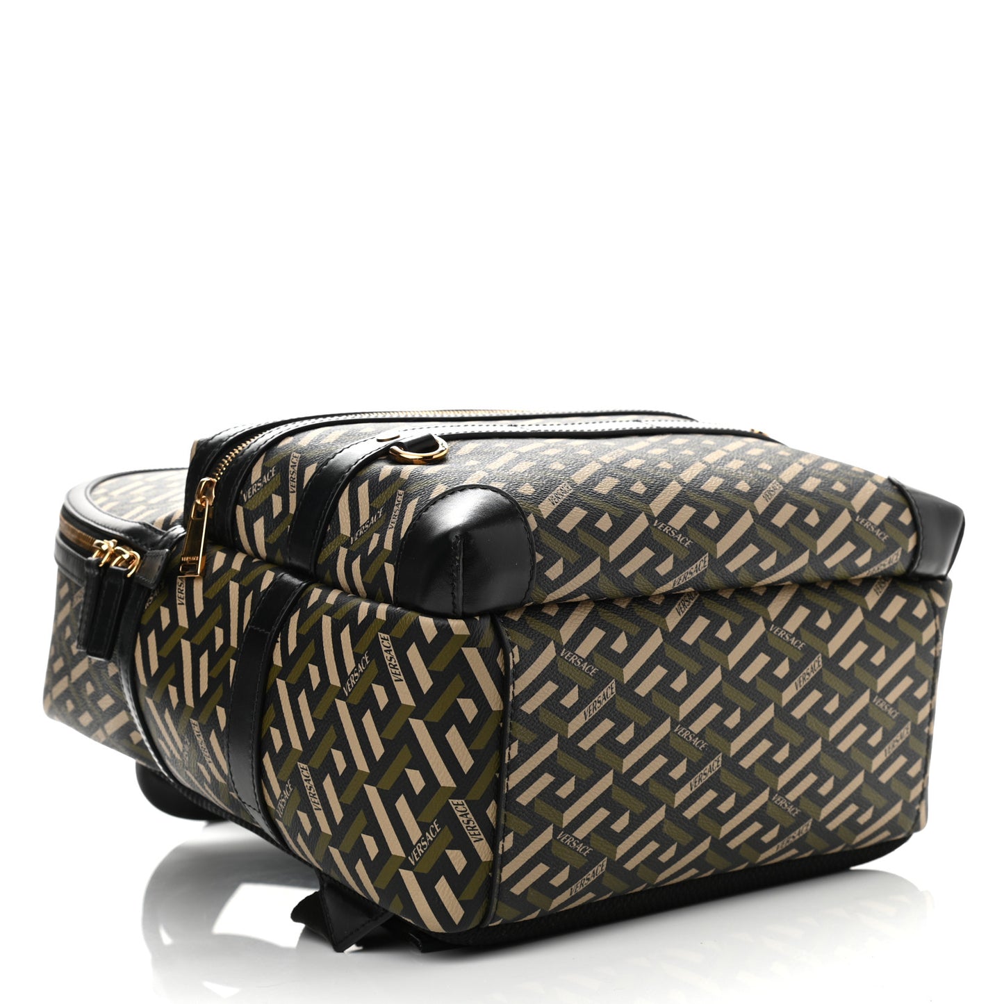 Coated Canvas Calfskin La Greca Signature Backpack Black Khaki