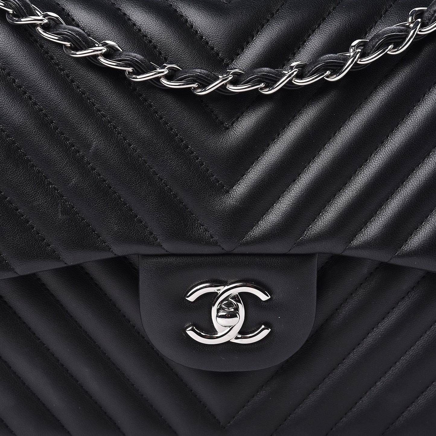 Lambskin Chevron Quilted Jumbo Double Flap Black