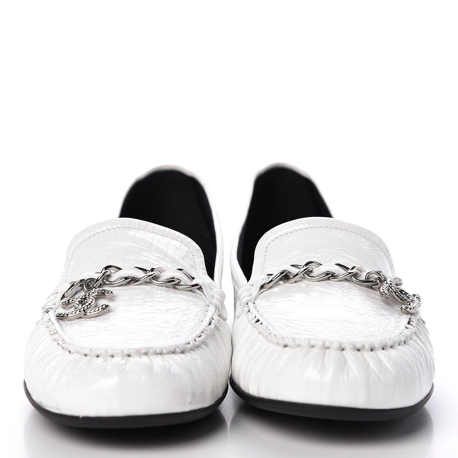 Chanel Crackled Patent Calfskin CC Chain Mocassin Loafers 39.5 White 2 of 8