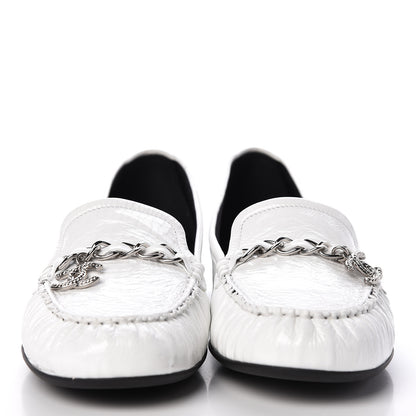 Chanel Crackled Patent Calfskin CC Chain Mocassin Loafers 39.5 White 2 of 8