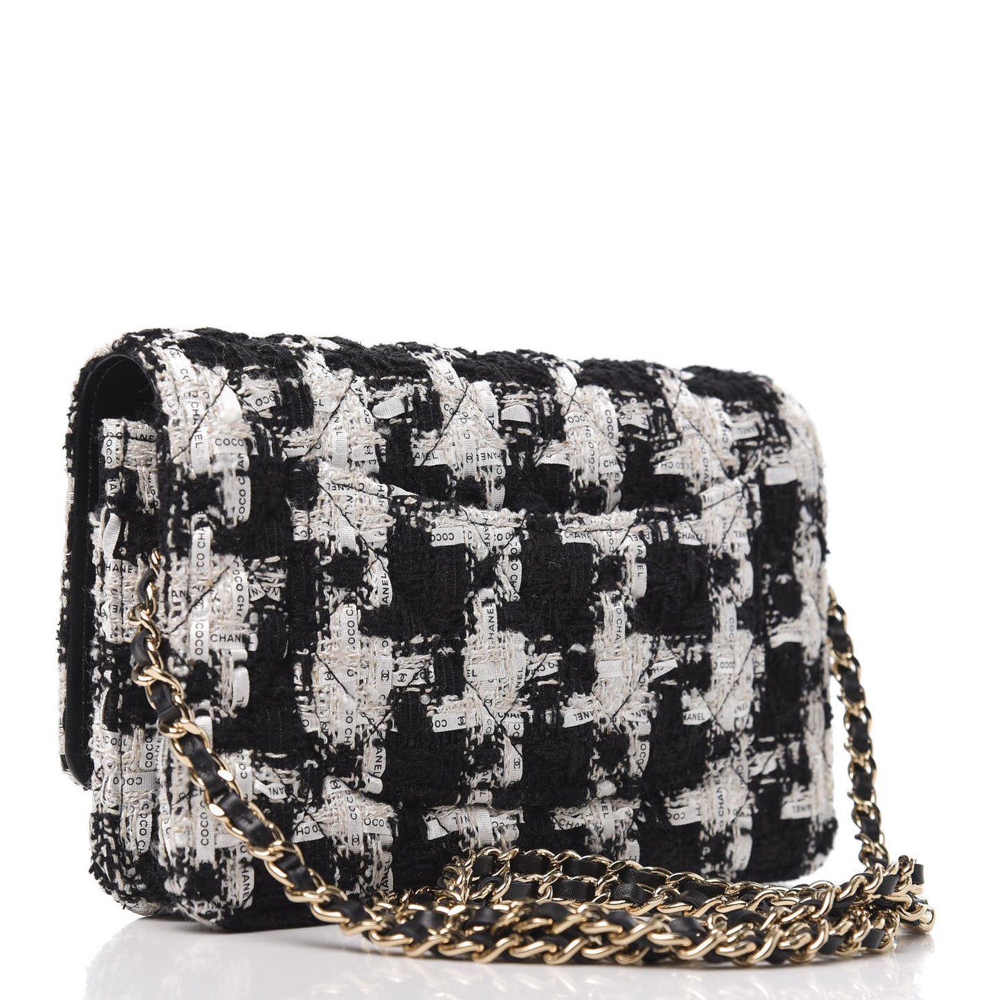 Tweed Quilted Wallet On Chain WOC Black Ecru White