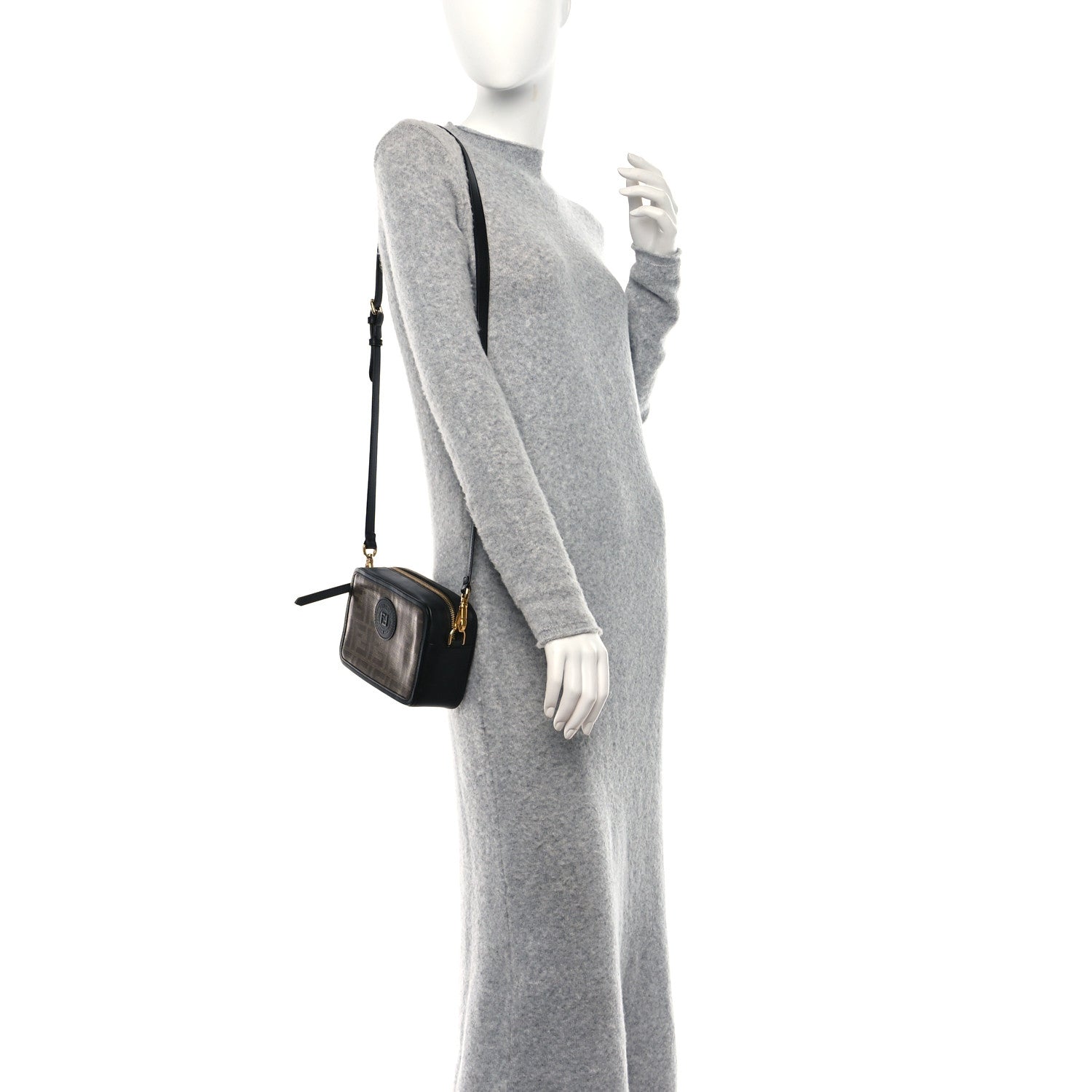 Fendi Glazed Fabric Vitello Century FF 1974 Stamp Patch Mini Camera Case Mogano Panna Black 3 of 8