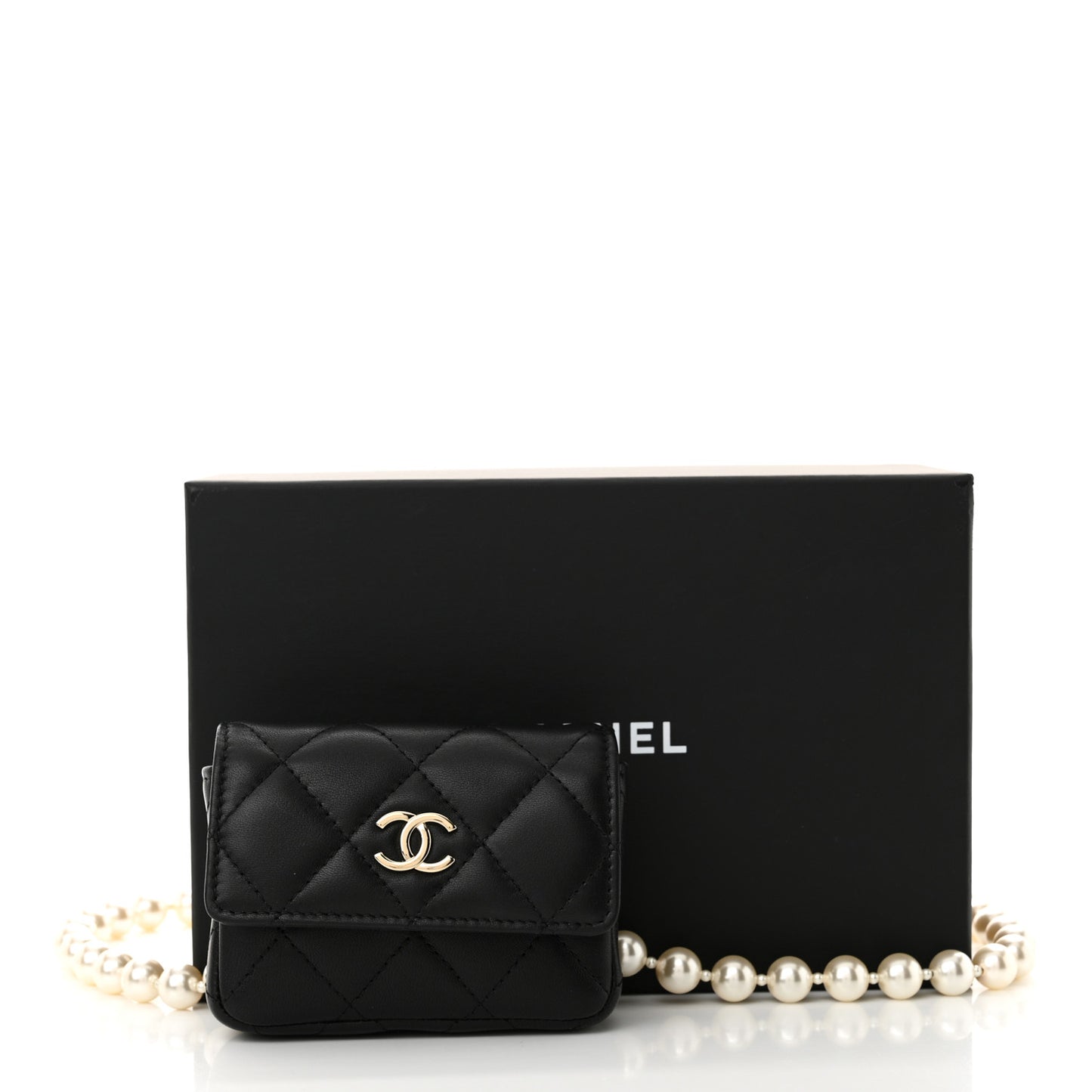 Lambskin Quilted Pearl Chain Belt Bag Black