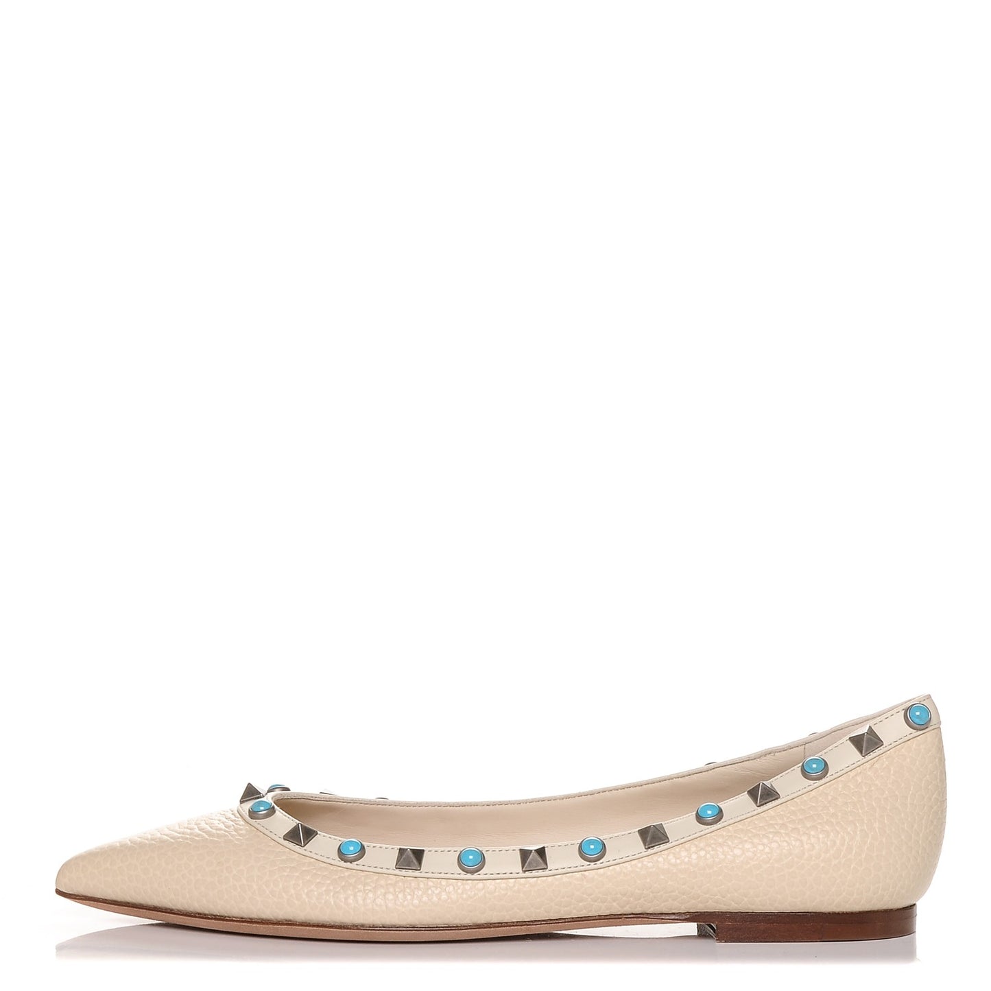 Pebbled Calfskin Rockstud Rolling Ballerina Flats 37 Ivory
