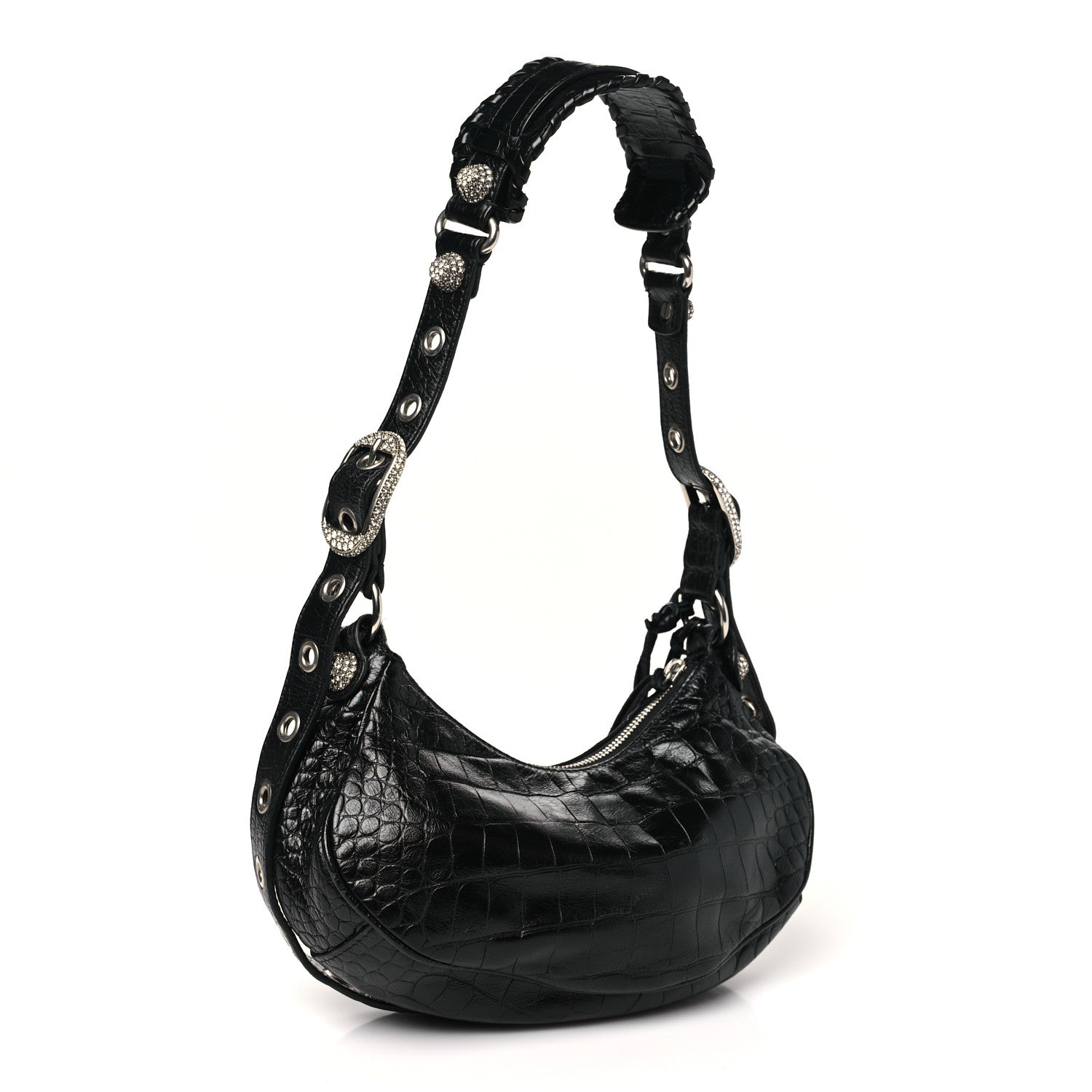 Balenciaga Extra Supple Calfskin Crystal Crocodile Embossed Le Cagole Shoulder Bag XS Black 4 of 12