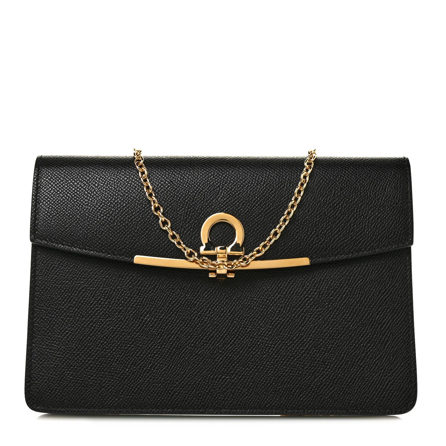 Salvatore Ferragamo Hammered Calfskin Gancio Wallet On Chain Black 1 of 7